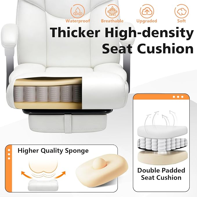 WAILOR 400lbs Office Chair with Foot Rest, Reclining Big and Tall Office Chair with Lumbar Support, High Back PU Leather Computer Chair,Comfy Desk Chair for Home Office (Casual) (White)