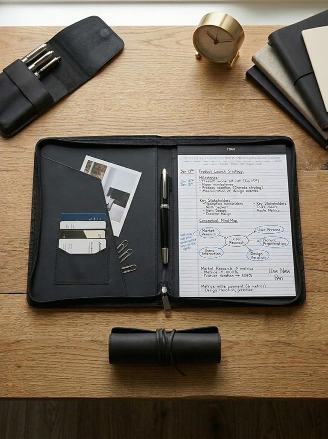 OOWOLF Professional PU Leather Zippered Portfolio with Included Letter Size Notepad, Business Padfolio & Document Organizer for Men & Women, Sleek Resume Folder for Interviews & Office, Black