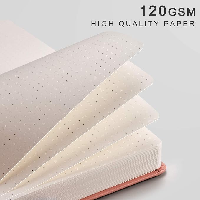 EMSHOI A5 Dotted Notebook Hardcover Leather Journal, 256 Pages 120gsm Thick Paper A5 Journal 5.75"x8.38", 16 Perforated Pages & Inner Pocket, Durable Dot Grid Notebook for Bullet Journaling, Pink