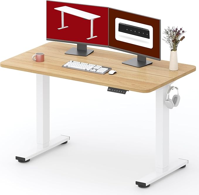 SANODESK Height Adjustable Electric Standing Desk 48x24 Inches, Sit Stand Desk with Splice Board for Home Office, Ergonomic Computer Workstation, Study & Gaming, White Frame/Maple Top