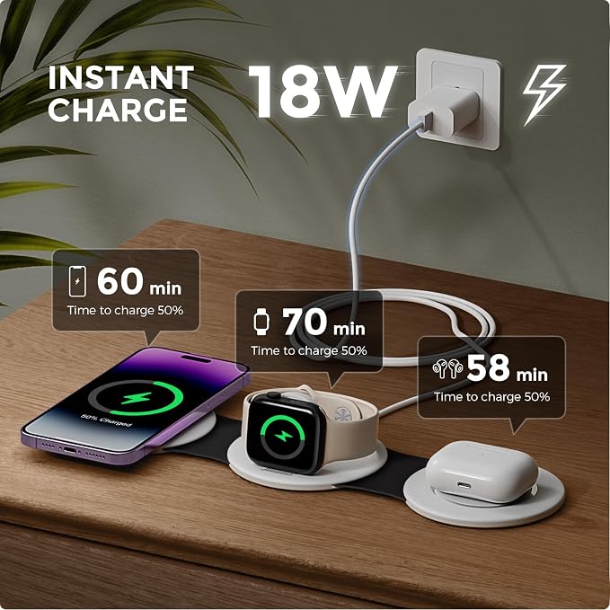 Hicober 3 in 1 Charging Station for Apple Multiple Devices, Foldable Travel Wireless Charger 18W for iPhone Air 17 16 15 14 13 Pro Max Plus &Apple Watch Series/Airpods Black&White