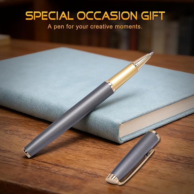 ZHKUVE Luxury Rollerball Pen, Stunning Gray Lacquer with 24K Gold Trim, Switzerland Tip with Black Ink Refills, Elegant Gift Set for Men & Women, Executive Writing