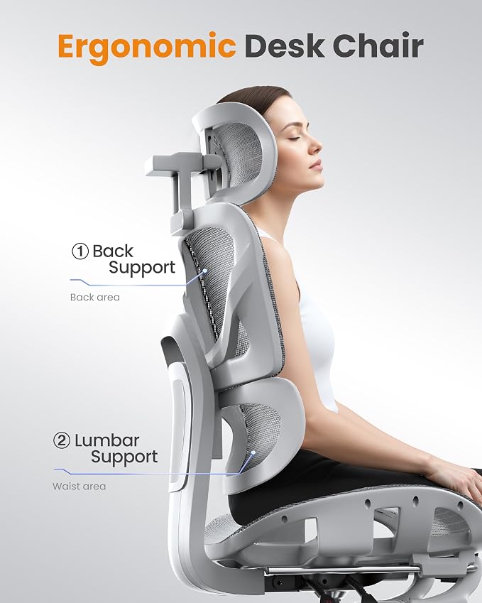naspaluro Ergonomic Office Chair Lumbar Support High Back 350lbs Capacity | Adjustable Height Breathable Mesh Swivel Desk Chair with 3D Armrest Headrest, Footrest, PU Wheels, Comfy Computer Chair Grey