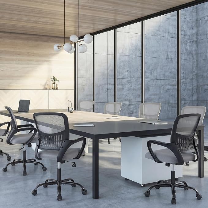 OLIXIS Ergonomic Office Desk Chair, Executive Mid-Back Computer Chair with Comfortable Lumbar Support & Rocking Mode, Height Adjustable with Fixed Armrest, 360° Swivel, for Adults, Grey