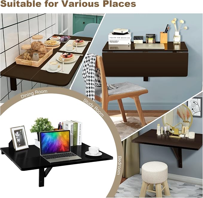 COSTWAY Wall Mounted Folding Table, 31.5" x 23.5" Drop-Leaf Floating Writing Desk for Small Spaces, Space-Saving Fold Down Laptop Workstation for Kitchen, Bedroom, Laundry Room, Study Room (Brown)