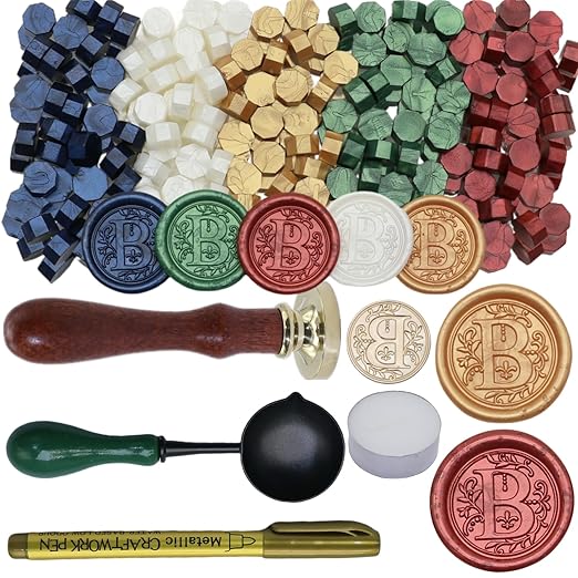Initial Alphabet Wax Seal Stamp Kit, Retro Letter C Sealing Stamp with 150Pcs Sealing Wax Beads Spoon Pen Set for Wedding Invitations Cards Envelopes (C)