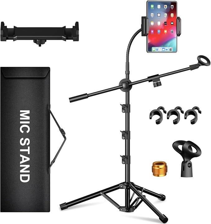 Mic Stand, 6-in-1 Microphone Stand with Floor Boom, Support Boom, Gooseneck, Mic Clips, Tablet Phone Holder, Black, Metal, Portable, Adjustable