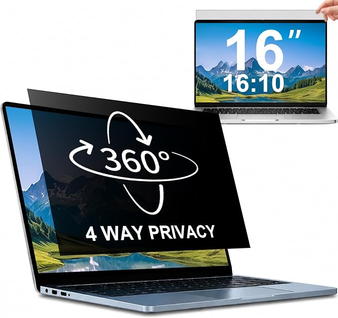 STARY 4-way 360°Laptop Privacy Screen Filter 16 Inch 16:10 Ratio(1920x1200), Anti Glare & Blue Light Filter, Removable Privacy Screen Protector for Laptop Monitor, Compatible with HP Dell Acer Lenovo Samsung ASUS Toshiba