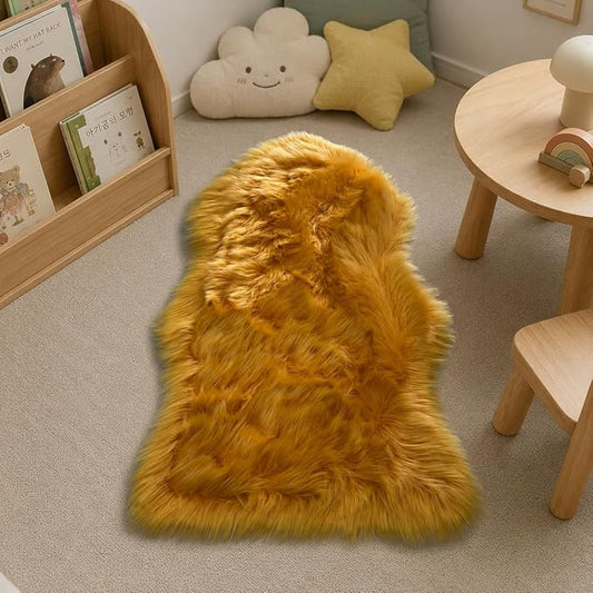 EasyJoy Faux Sheepskin Rug, Fluffy Faux Fur Rug, Ultra Soft Shag Area Rug with Non-Slip Backing for Bedroom, Living Room, Nursery, Kids Room(2 x 4 ft Sheepskin, Golden Yellow)