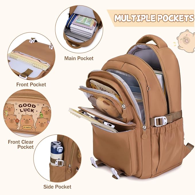 Capybara Backpack for Girls with Headphones - 4PCS Girls Backpack for Kindergarten Elementary Middle High School Travel - 3.5mm Wired Headphones Backpacks Back to School Gift(Brown)