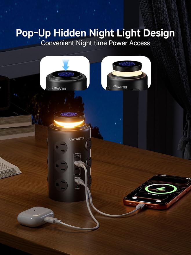 Tower Power Strip Surge Protector with Wireless Charging & Night Light - PD20W Fast Charging Station,12 Outlets, 5 USB (3 USB-C),1800J Protection, 6FT Extension Cord, Home Office Essentials (Black)