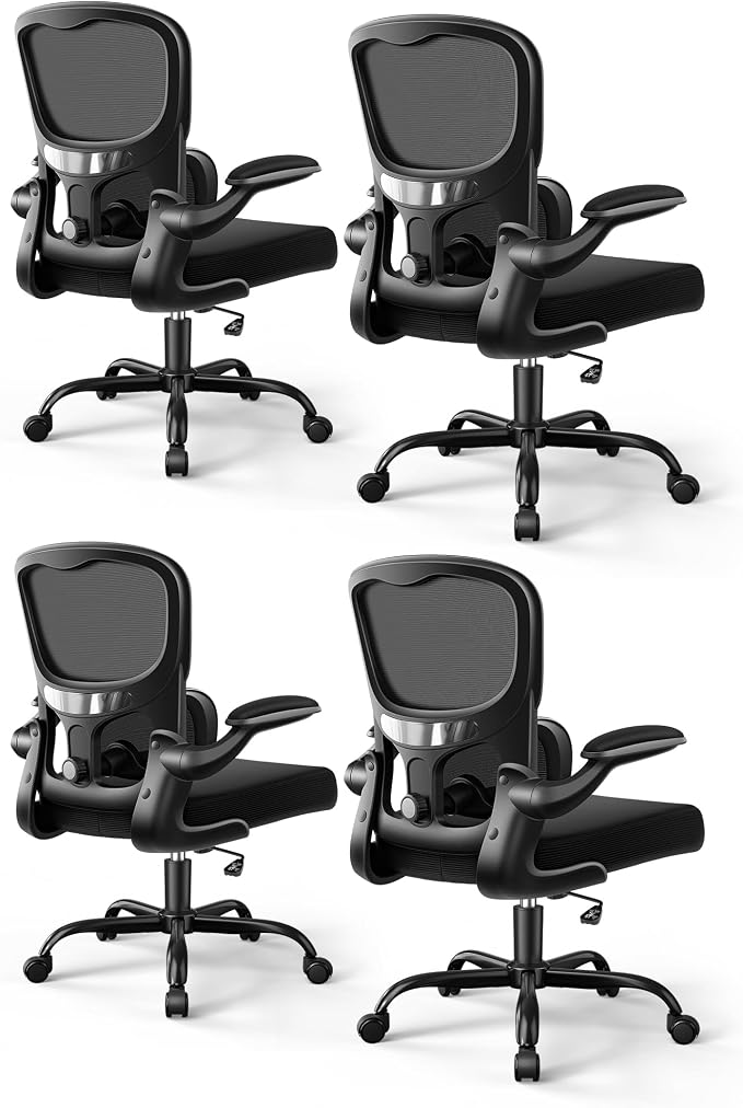 ALLGOD Ergonomic Office Chair, Breathable Mesh Ergonomic Desk Chair with Adjustable Lumbar Support, Flip-up Armrests, Computer Chairs Comfortable for Home, Office, Work, 300lbs, Black (4Pack)
