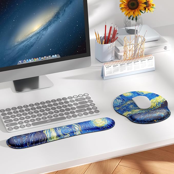 KTRIO Keyboard Wrist Rest & Mouse Pad with Wrist Rest Set, Starry Night | Memory Foam Wrist Support, Ergonomic Design, Non-Slip Base, Office and Home Use