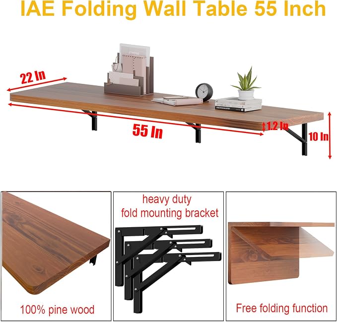 IAE Floating Wall Mounted Folding Table Desk with Pine Wood,55" x 22" Folding Workbench,Fold Down wall Mounted Foldable Table with Shelf Brackets,Laundry Folding Table for Apartment,Home,Kitchen,Teak