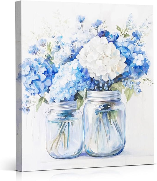Vintage Floral Framed Wall Art Decor Light Blue Flowers Canvas Print Poster Abstract Flowers Bouquet in Vase Pictures Painting for Home Bathroom Bedroom Wall Decor 8x10 Inches