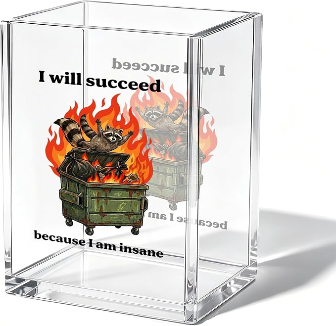 Funny Raccoon Dumpster Fire Office Acrylic Cosmetic Pen Pencil Holder Cup, I Will Succeed Because I Am Insane Humor Pencil Organizer, Unique Desk Accessories, Sarcastic Gifts for Women Men（A45）
