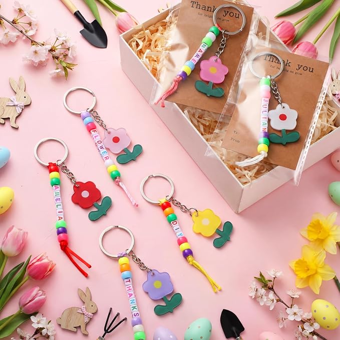 Suncalla 984 Pcs 24 Set Teacher Keychain Making Crafts Kit Back to School Teacher Keychain Gifts DIY Thank You for Helping Me Grow Gifts Flower Charm Name Letter Beads Cards Strings Kit