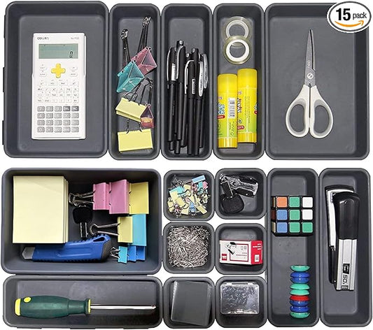Kutesna 15 PCS Interlocking Desk Drawer Organizer Separator for Office,Bathroom,Kitchen,Makeup（Black）