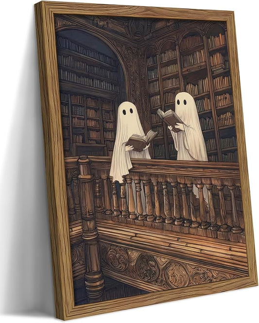 Framed Halloween Ghost Wall Art, Vintage Cute Ghost Reading Canvas Wall Decor Paintings, Dark Academia Book Artwork Poster Print Picture for Library Bedroom Living Room 16x24 Inch