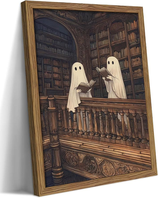 Framed Halloween Ghost Wall Art, Vintage Cute Ghost Reading Canvas Wall Decor Paintings, Dark Academia Book Artwork Poster Print Picture for Library Bedroom Living Room 8x10 Inch