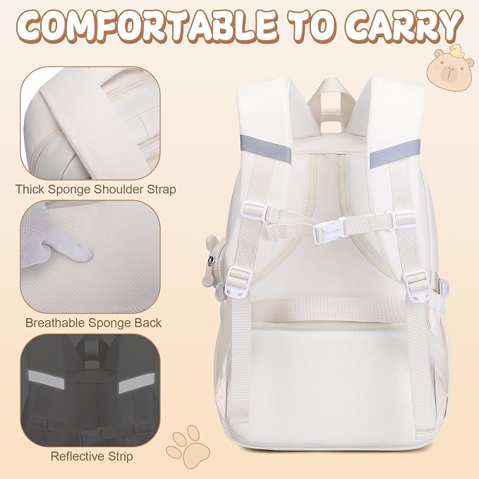 Capybara Backpack for Girls with Headphones - 4PCS Girls Backpack for Kindergarten Elementary Middle High School Travel - 3.5mm Wired Headphones Backpacks Back to School Gift(Beige)