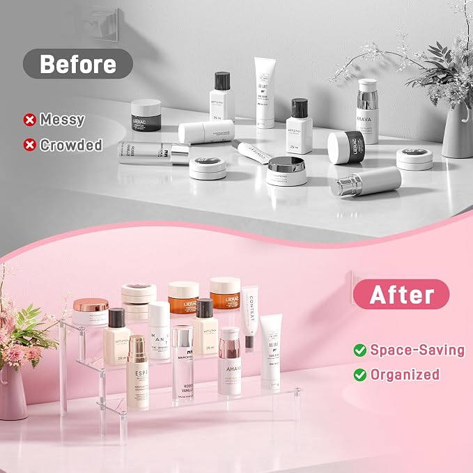 2 Packs Acrylic Display Stand Riser,3 Tier Perfume Organizer Cupcake Stand | Acrylic Pop Shelves Holder,Clear Desk Display Shelf for Figure,Trinket,Collectibles,Dessert Stands for Party Decor-11.6in