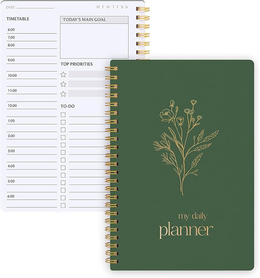 Undated Daily Planner with Hourly Schedule, 5.71" X 8.35" Daily To DO List Noteboook Set Goals A5 Daily Personal Organizer Notepad for School Work Office Improve Efficiency Planner, Green