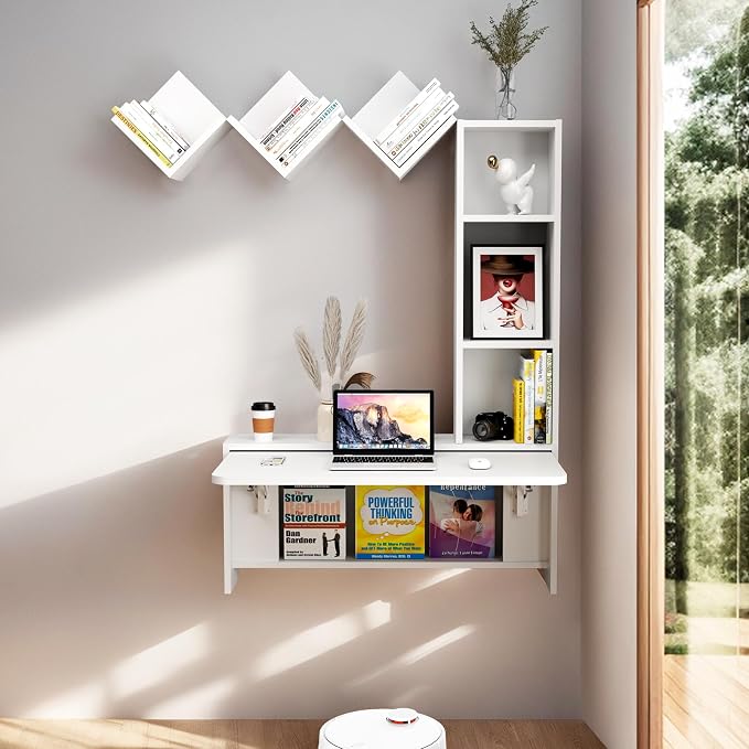 Folding Wall Mounted Drop Leaf Table, Foldable Desk with Moveable Cabinets, Floating Laptop with Convertible Storage Shelves, Multifunctional Computer Workstation in Home for Space Saving