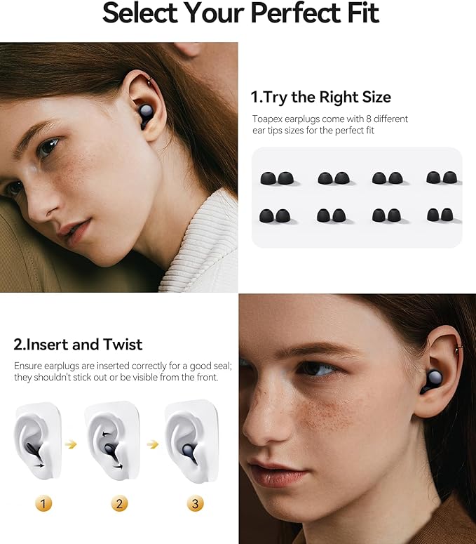 Ear Plugs for Sleeping 45dB Noise Cancelling Ear Plugs for Noise Reduction & Snoring, Concerts, Earplugs for Sleep,Sider Sleepers Airplane, Silicone Earplugs Reusable Concert Ear Plug+8Tip Obsidian