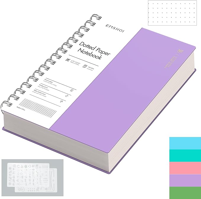 EMSHOI Dotted Journal Spiral Notebook, 300 Pages, A5 Small 5.7"x8.22", 100 GSM Thick Paper, Flexible Plastic Cover, 5mm Dot Grid Notebook for Journaling, Planning, Drawing, Writing, Purple