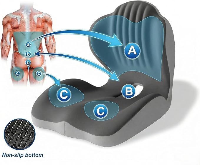 Ergonomic Seat Memory Foam Support Cushion for Back, Car Seat Back Support Cushion for Sciatica Tailbone Pain, Office Desk Chair Car Travel Seat Cushion (Grey)