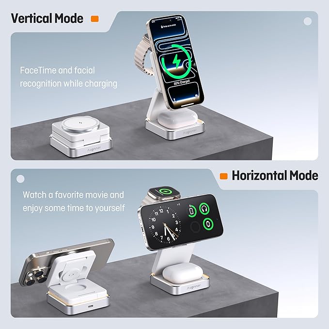【2026 Upgraded】Wireless Charger 3 in 1, Foldable Wireless Charging Station with Light for Apple Magnetic Charger, Travel Magnetic Charger for iPhone 17/16/15/14/13/12 Apple Watch AirPods (20W Adapter)