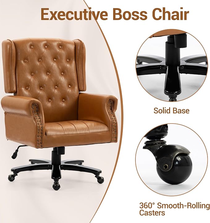 Vintage High Back Wingback Executive Office Chair, Brown | Home Desk Chairs with Tufted Nailhead Trim & PU Faux Leather, Heavy Duty Adjustable Rocking Computer Chair for Gaming