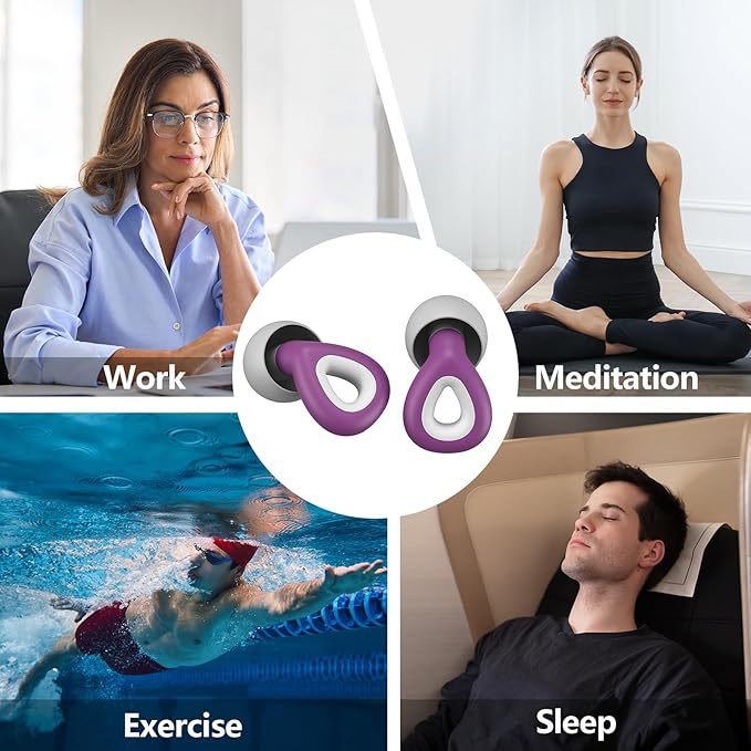 Ear Plugs for Sleeping Noise Cancelling - Purple Reusable Earplugs for 24dB Noise Reduction Snoring Concerts Sleep Deep Focus Work Travel Study, Silicone Flexible Hearing Protection Ear Plugs +3Tips
