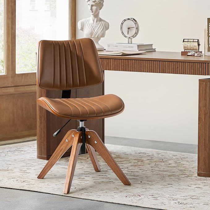 HULALA HOME Faux Leather Home Office Desk Chair No Wheels, Camel | Mid-Century Modern Desk Chair with Wood Legs, 360° Swivel Computer Task Chair with Channel-Tufted Backrest, Height Adjustable