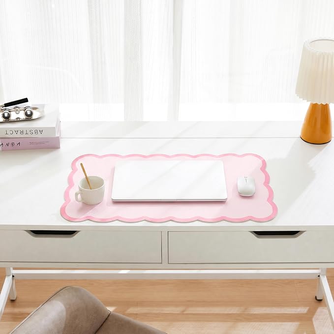 Scalloped Desk Mat, 23.6" x 11.8" Cute Small Aesthetic Desk Accessories, PU Leather Computer Laptop Desk Mouse Keyboard Pad, Desk Writing Mat for Vanity/Work/Home Decor Pink