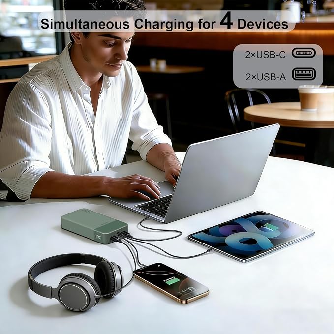 JUOVI Portable Charger, 90W Laptop Power Bank 20000mAh Portable Phone Charger, Power Bank Fast Charging with 2 USB-C & 2 USB-A Ports,Battery Bank for MacBook iPhone 17/16/15 Series, Galaxy (Green)