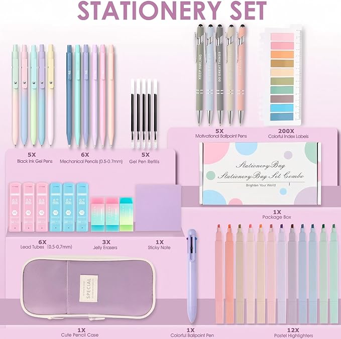 56 PCS, 5 Inspirational Ballpoint Pens, 12 Pastel Highlighters, 5 Black Ink Gel Pens, 6 Mechanical Pencils 0.5-0.7mm (purple)