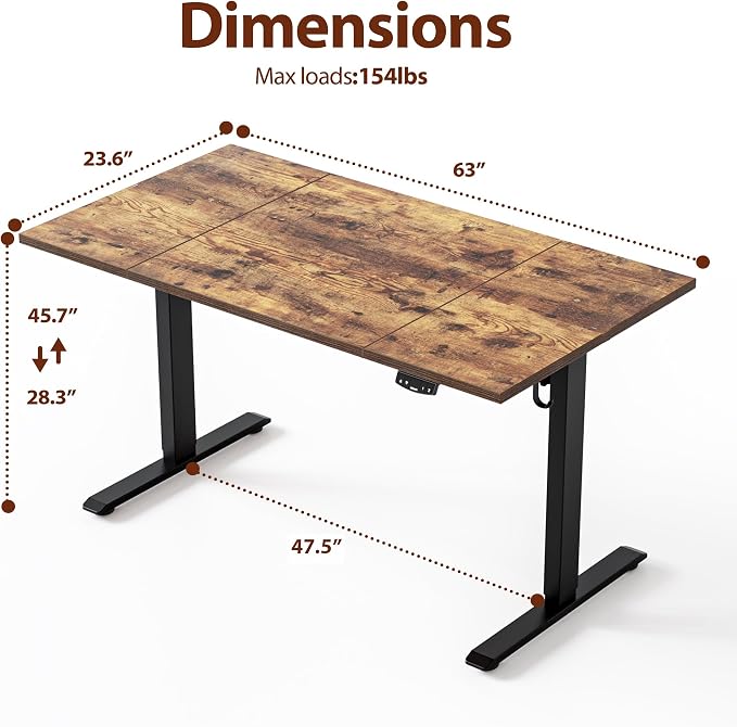 Agilestic Electric Standing Desk, 63 x 23.6 Inches Height Adjustable Desk, Sit Stand up Desk for Work Office Home, Splice Board, Rustic Brown