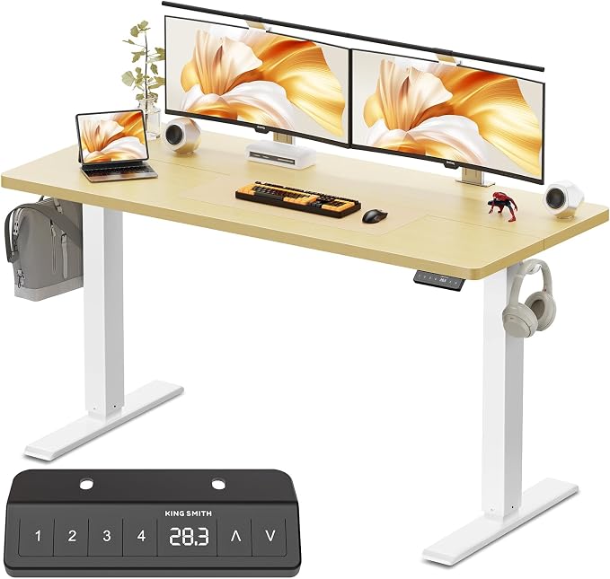 WALKINGDESK 48x24 Inches Height Adjustable Electric Standing Desk with 2 Hooks for Home Office, Ergonomic Sit Stand up Desk with Splice Board, Oak