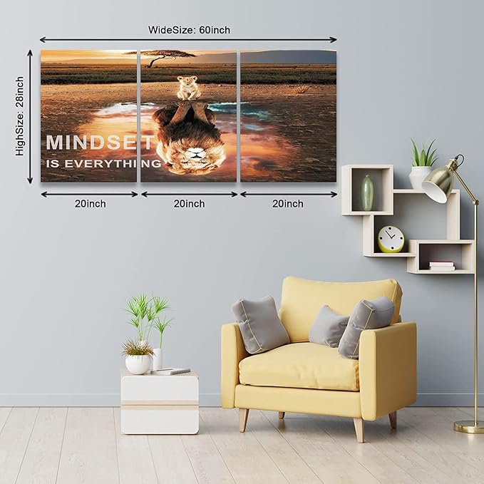 KAWAHONE Motivational Lion King Mindset Wall Art Gold, Success Cat Reflect Lion Mindset is Everything Quotes Poster Positive Affirmation Wall Decor Inspirational Canvas Painting Wall Hanging Picture