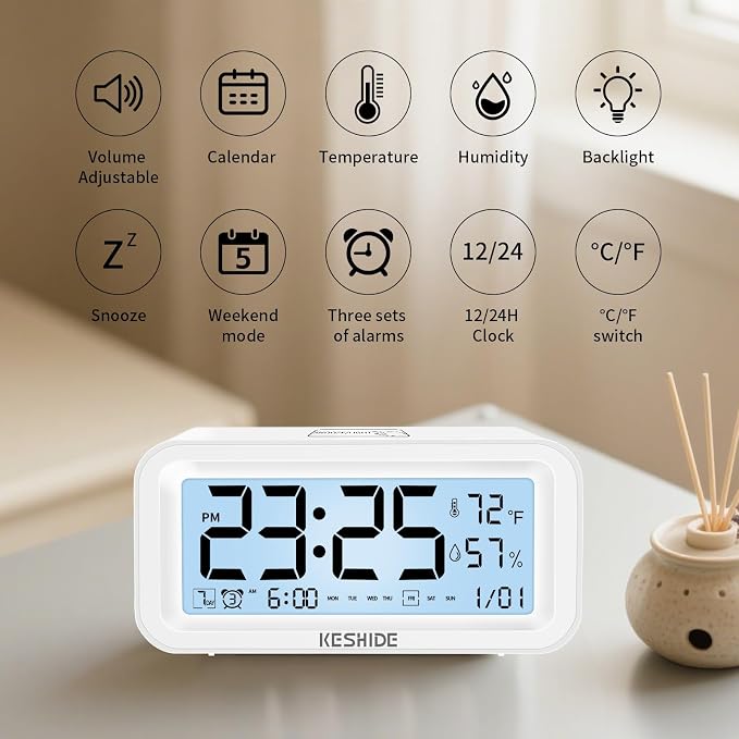 Night Light Digital Alarm Clock Battery Operated with Indoor Temperature Humidity, Desk Small Clock,Snooze Model,12/24H Display for Bedrooms Heavy Sleepers Kids Travel Bathroom (White)
