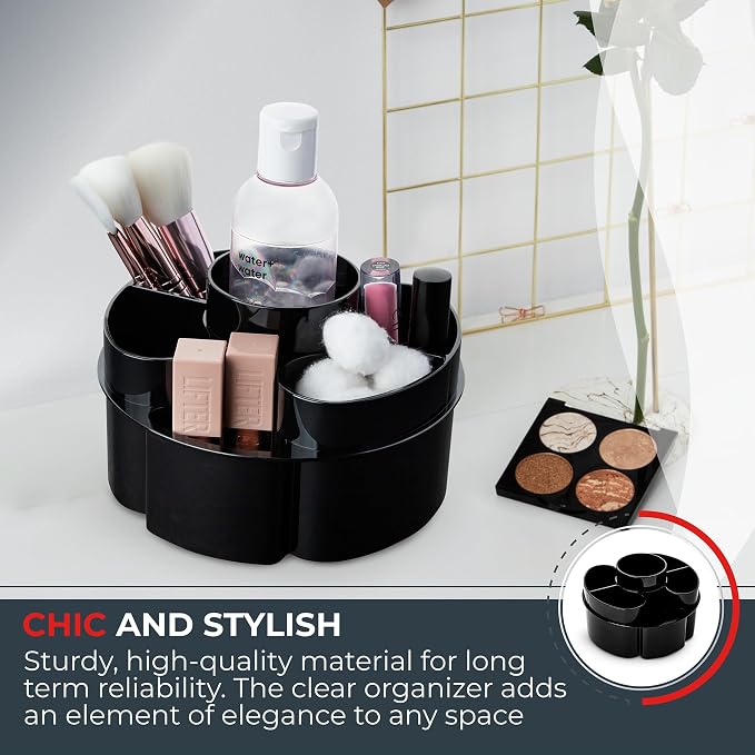 Masirs Small 360 Rotating Makeup Organizer, 5 Compartments, Round Black | Small 360 Rotating Makeup Organizer, 5 Compartments, Acrylic Mini Lazy Susan, Vanity Bathroom Counter, Round Black