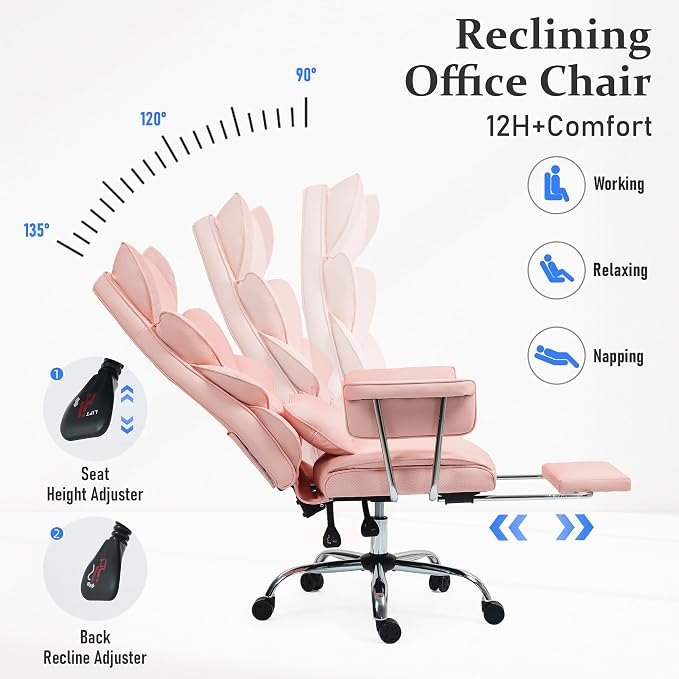 DYHOME 500 Lbs Kneading Massage Office Chair with Foot Rest, Ergonomic Reclining Home Computer Chair, High Back Thick Cushion Big & Tall Office Chair, Comfy Leather Heavy Duty Executive Chair, Pink