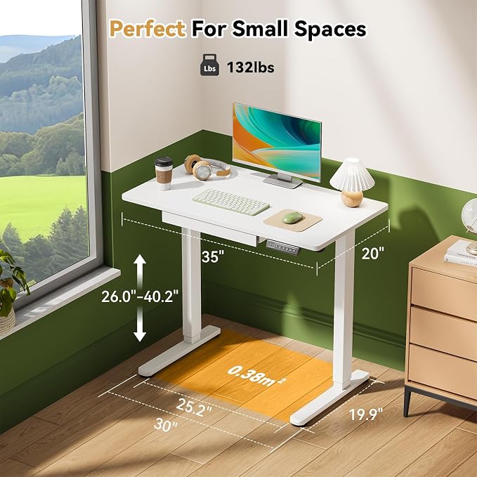 Gibbon Mounts 35” Rolling Standing Desk with Drawer & Wheels, White | 18mm One-piece Electric Height Adjustable Desk with Cable Clip on Lockable Wheels, Small Mobile Rising Laptop Workstation