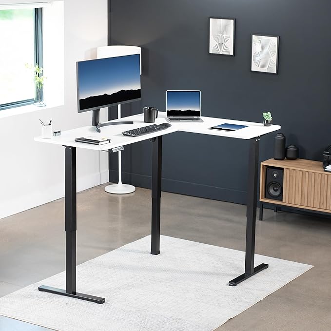 VIVO Corner Standing Desk, 63 x 47 inch Reversible L-Shaped Workstation, Electric Height Adjustment, Home, Office, and Reception Rooms, White Table Top Black Frame, DESK-E3CTBW-47