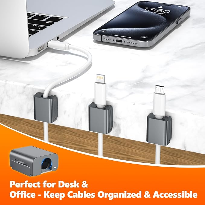 AGVEE 8 Pack Cord Organizer Clips Cable Management Holder, Aluminum | 10mm Ultra-Thin, 6X Powerful Magnetic Closure Snap Keeper for Home Desk Office Gadgets Accessories, Residue-Free Tape