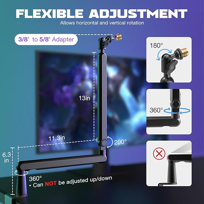 FIFINE Microphone Boom Arm, Low Profile Adjustable Stick Microphone Arm Stand with Desk Mount Clamp, Screw Adapter, Cable Management, for Podcast Streaming Gaming Studio-BM88