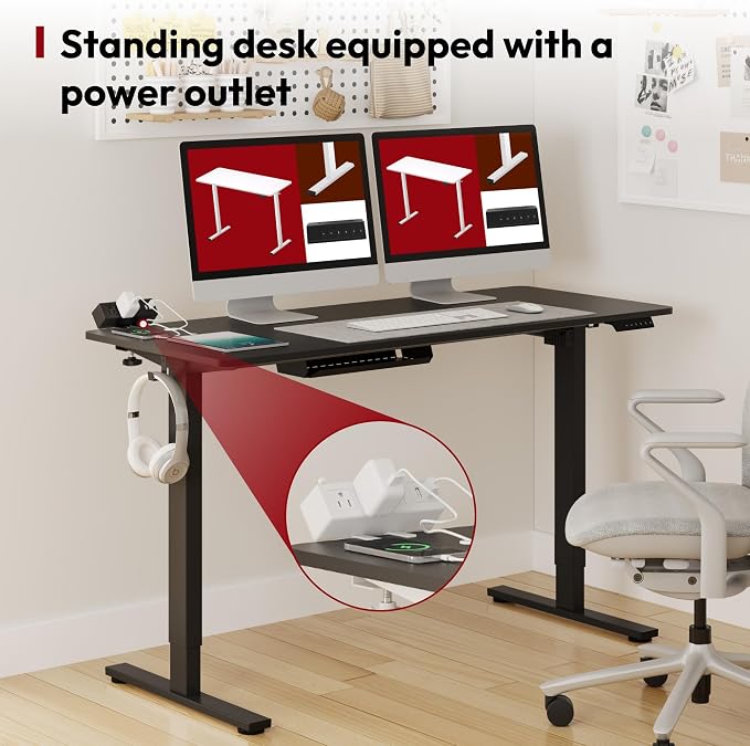 SANODESK Electric Standing Desk with Desk Clamp Power Strip 55"x 28" Whole-Piece Desktop Height Adjustable Stand Up Desk with Cable Management Sit Stand Home Office Desk Black Frame/Black Top