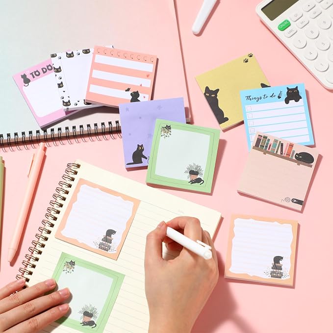 9 Pads Cute Sticky Notes Cartoon Self Stick Notepads 3x3 Inches Notes Adhesive Memo Pad Office Decor Gifts for Students School Teacher Office Meeting(Black Cat)
